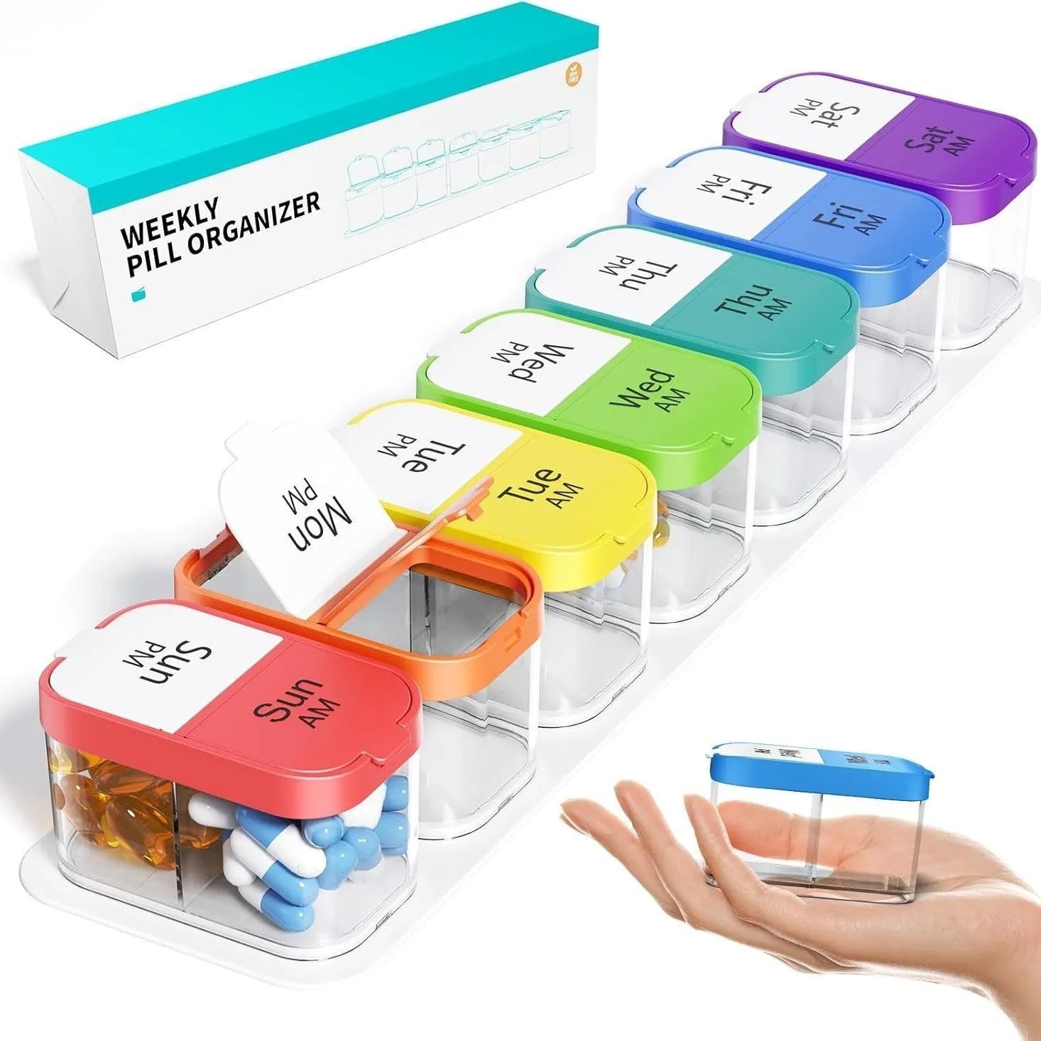 Large white and rainbow coloured pill organiser box with 14 detachable compartments showing its size.