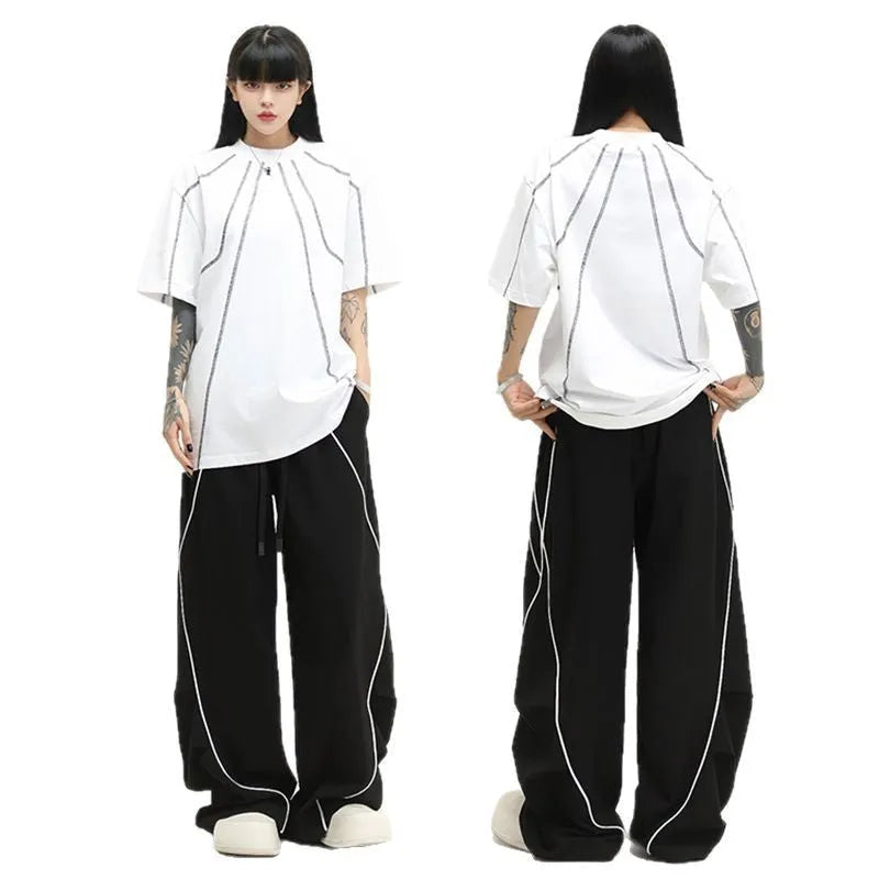 Black wide-leg pleated hip hop sports trousers with striped pattern