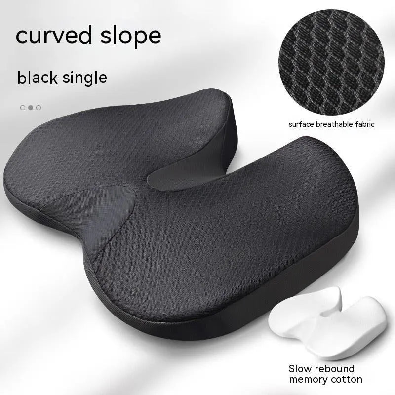 Curved bevel cushion with memory foam for tailbone support in black, grey, brown, and beige colours