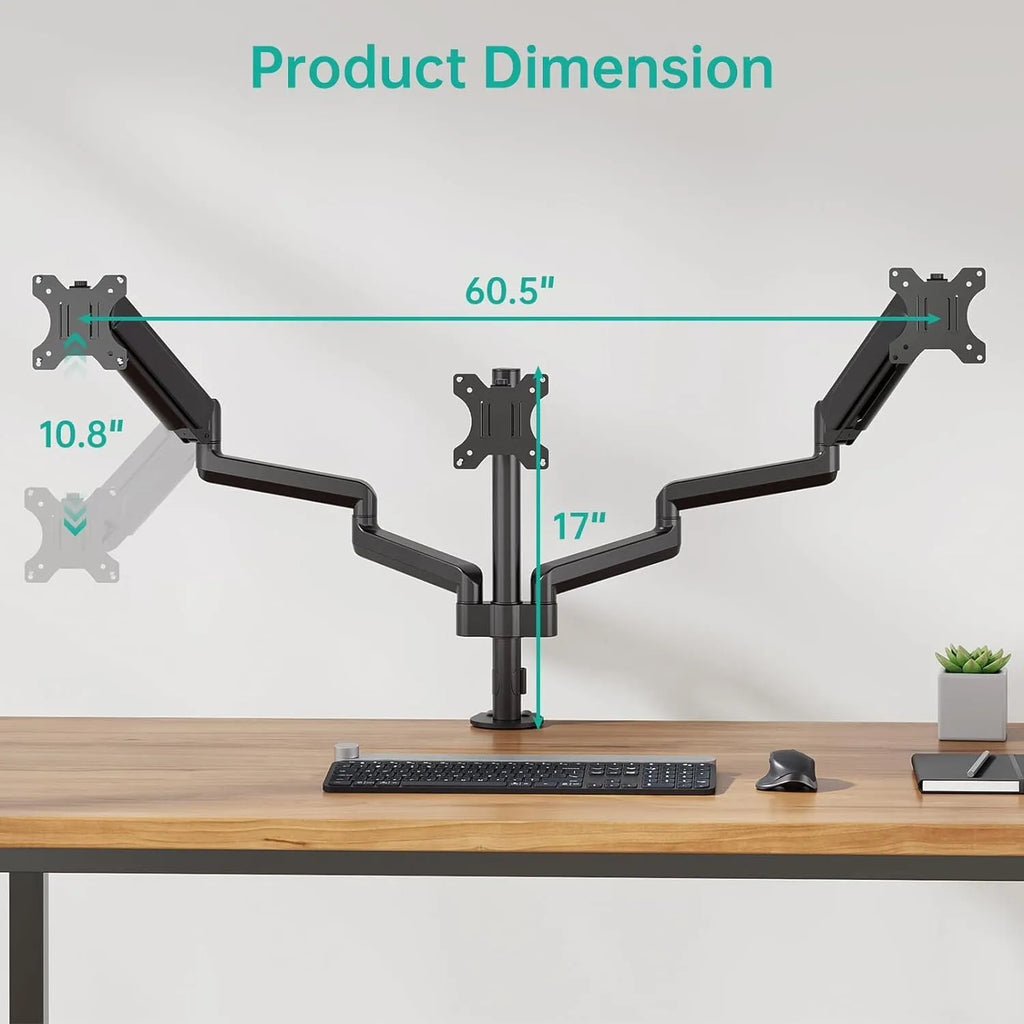 Black three-arm gas spring computer monitor holder for 13-27 inch screens