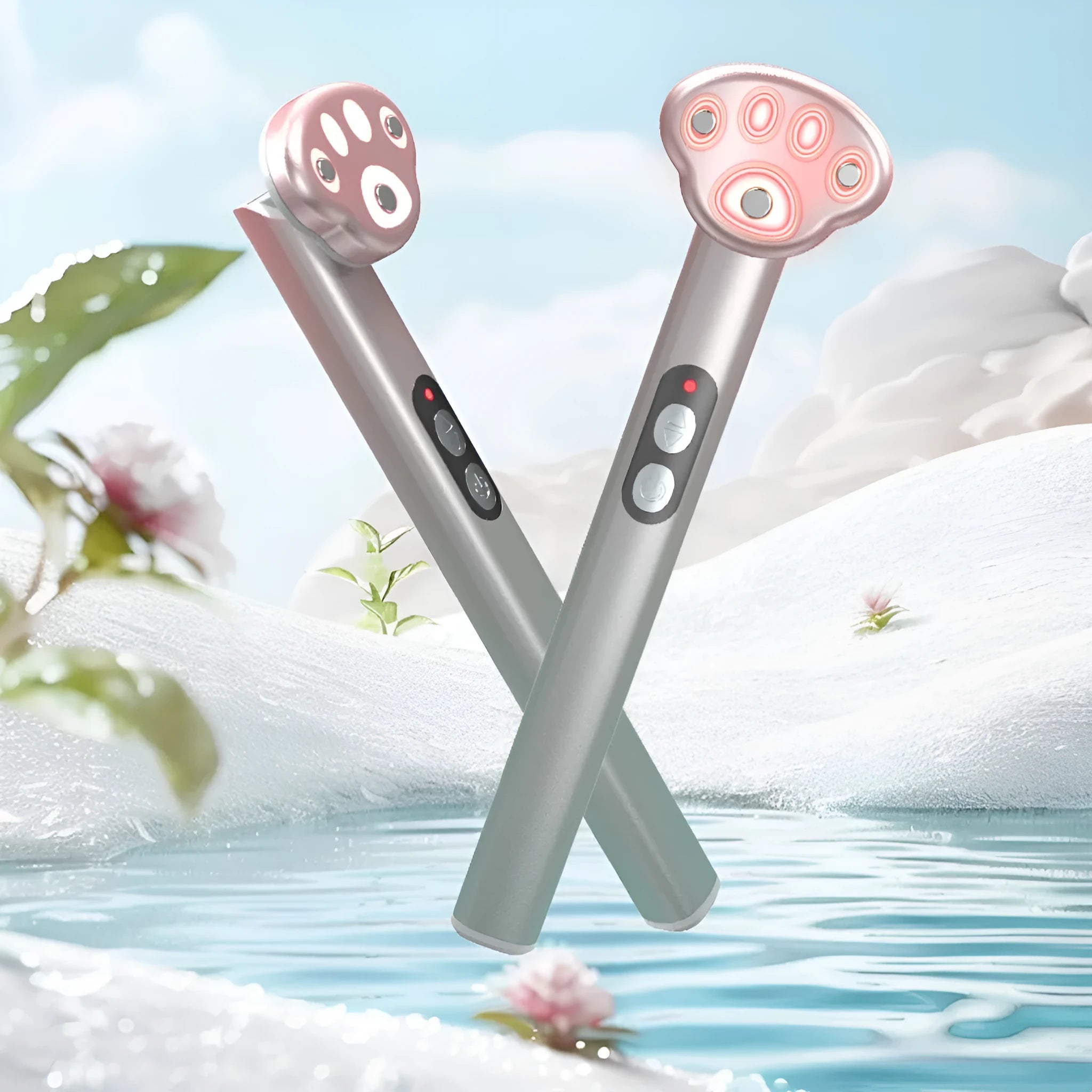 Gradient pink Cat's Paw micro-current eye massager with charging cable.