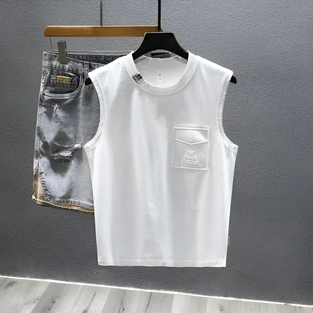 Black and white cotton sleeveless t-shirt with loose fit and straight hem design