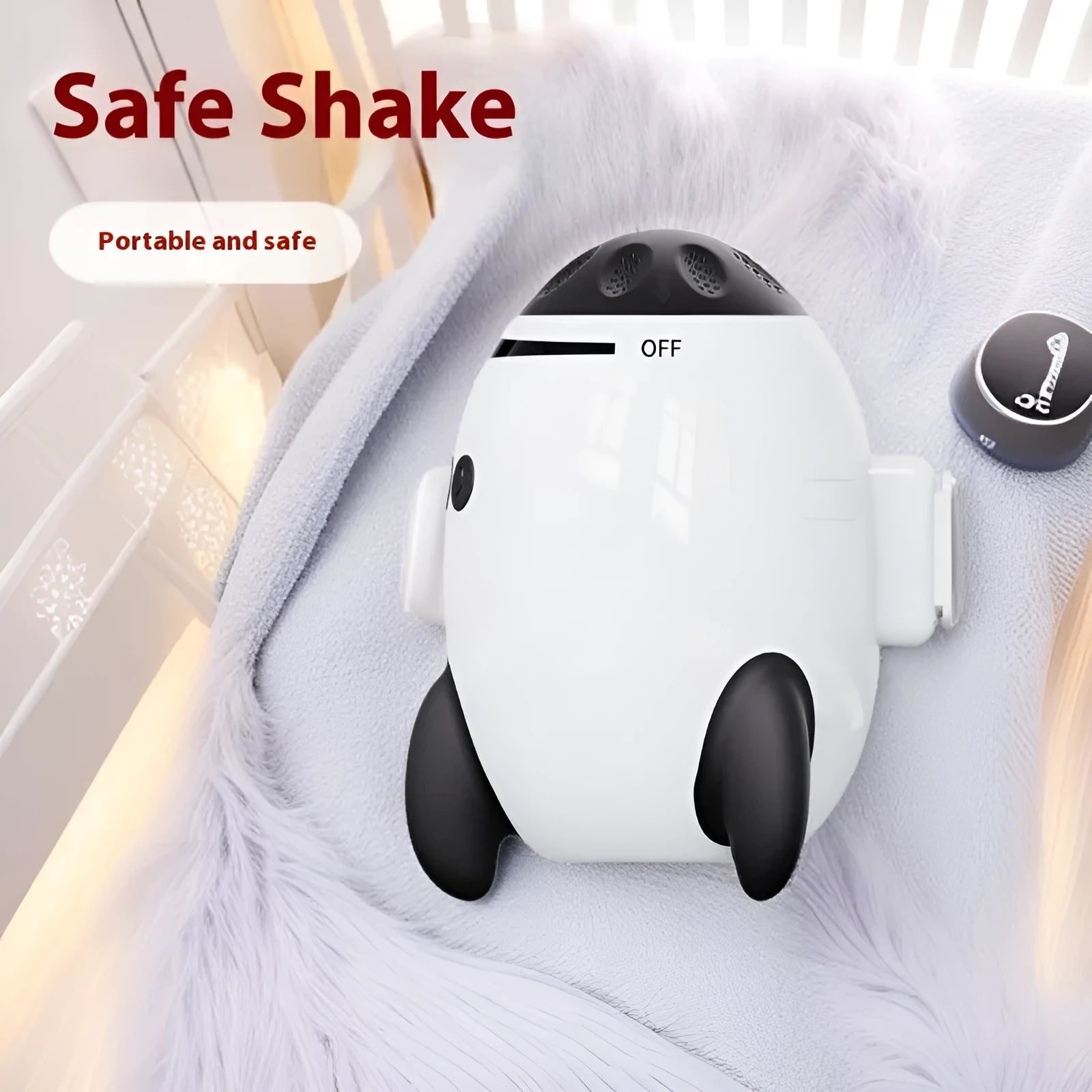 White ABS plastic baby sleep comforter device with automatic shaking and Bluetooth connectivity for strollers