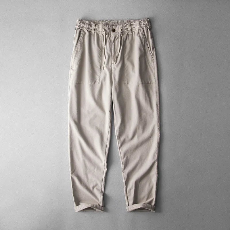 Men's solid colour linen casual trousers in mid-waist fit