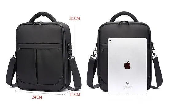 Black men's messenger shoulder bag made from Oxford fabric showing its size.