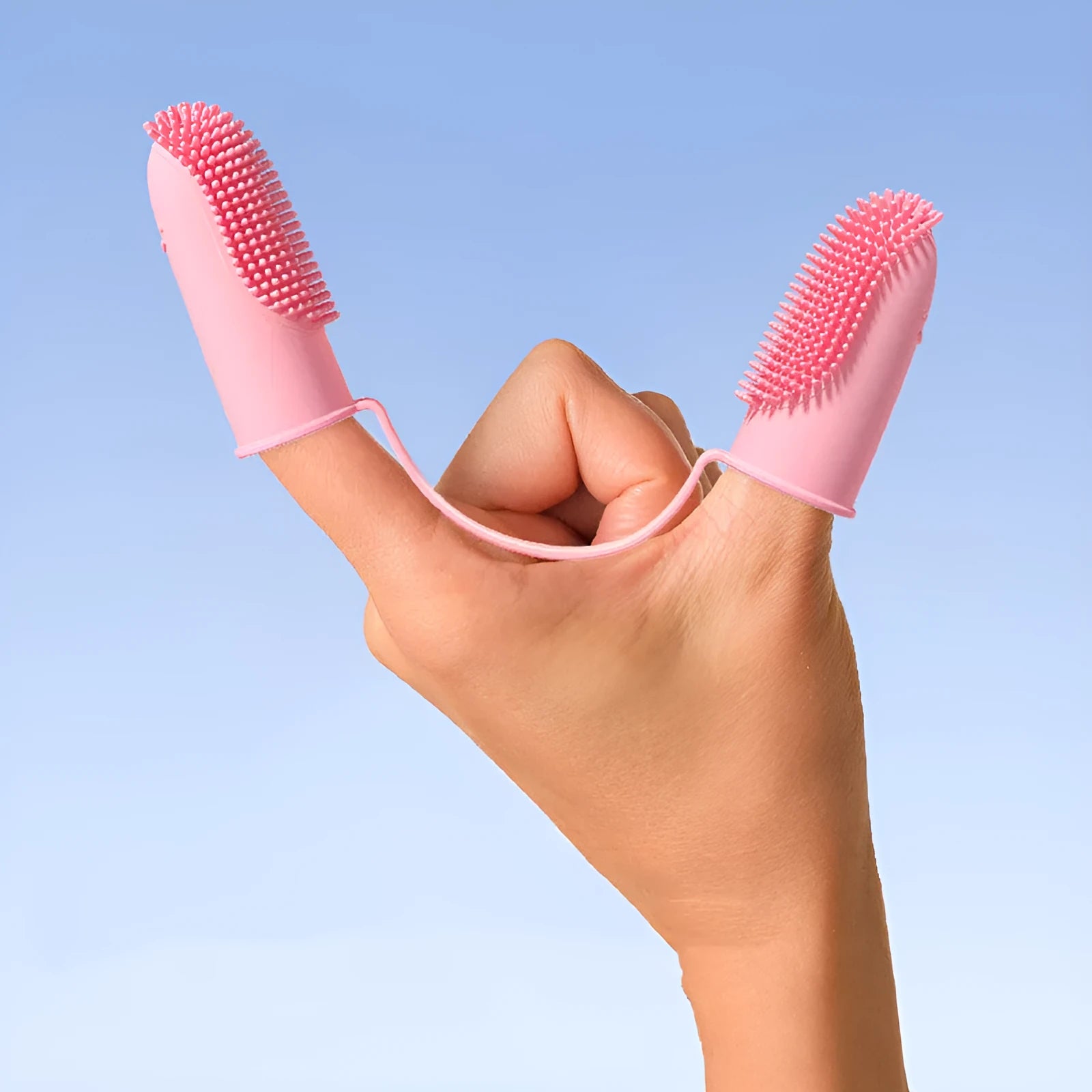Double finger toothbrush set for pets with TPR finger sleeves in pink, blue green and yellow