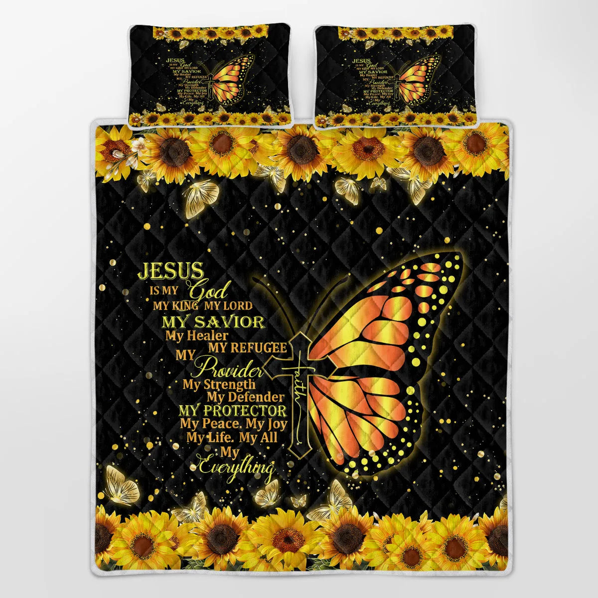 3-piece black quilt set with butterfly and sunflower 3D pattern on bed