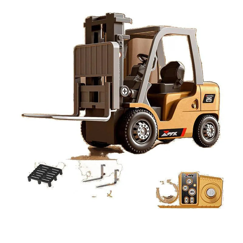 Miniature alloy remote control forklift toy with cargo hook and pallet at 1:64 scale
