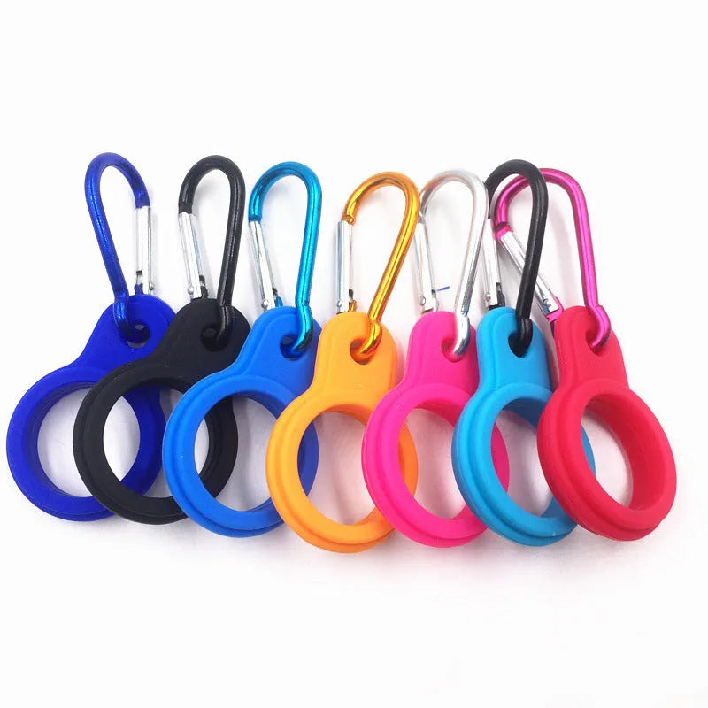 Silicone water bottle hanging buckle 55x37mm in outdoor setting clipped to backpack strap