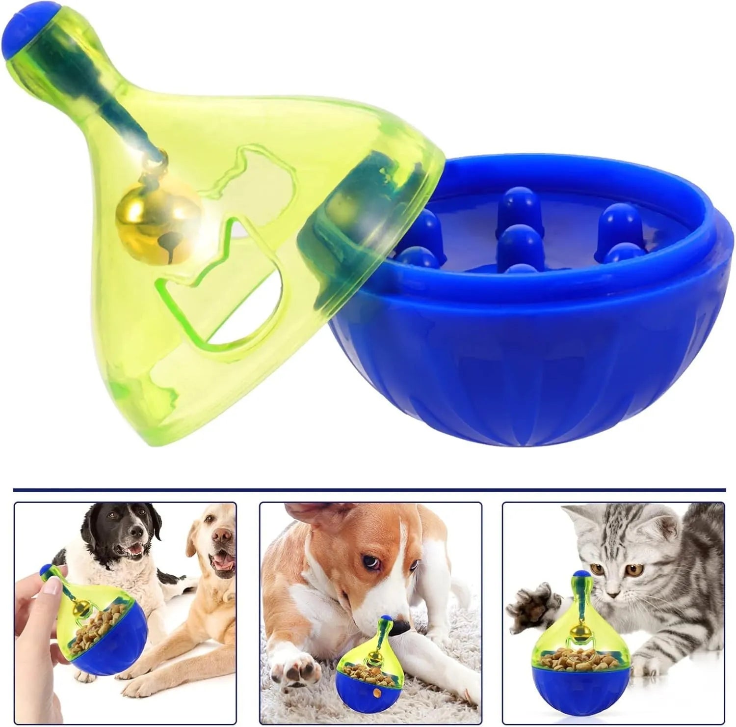 White tumbler-shaped dog and cat treat dispenser toy on a wooden floor