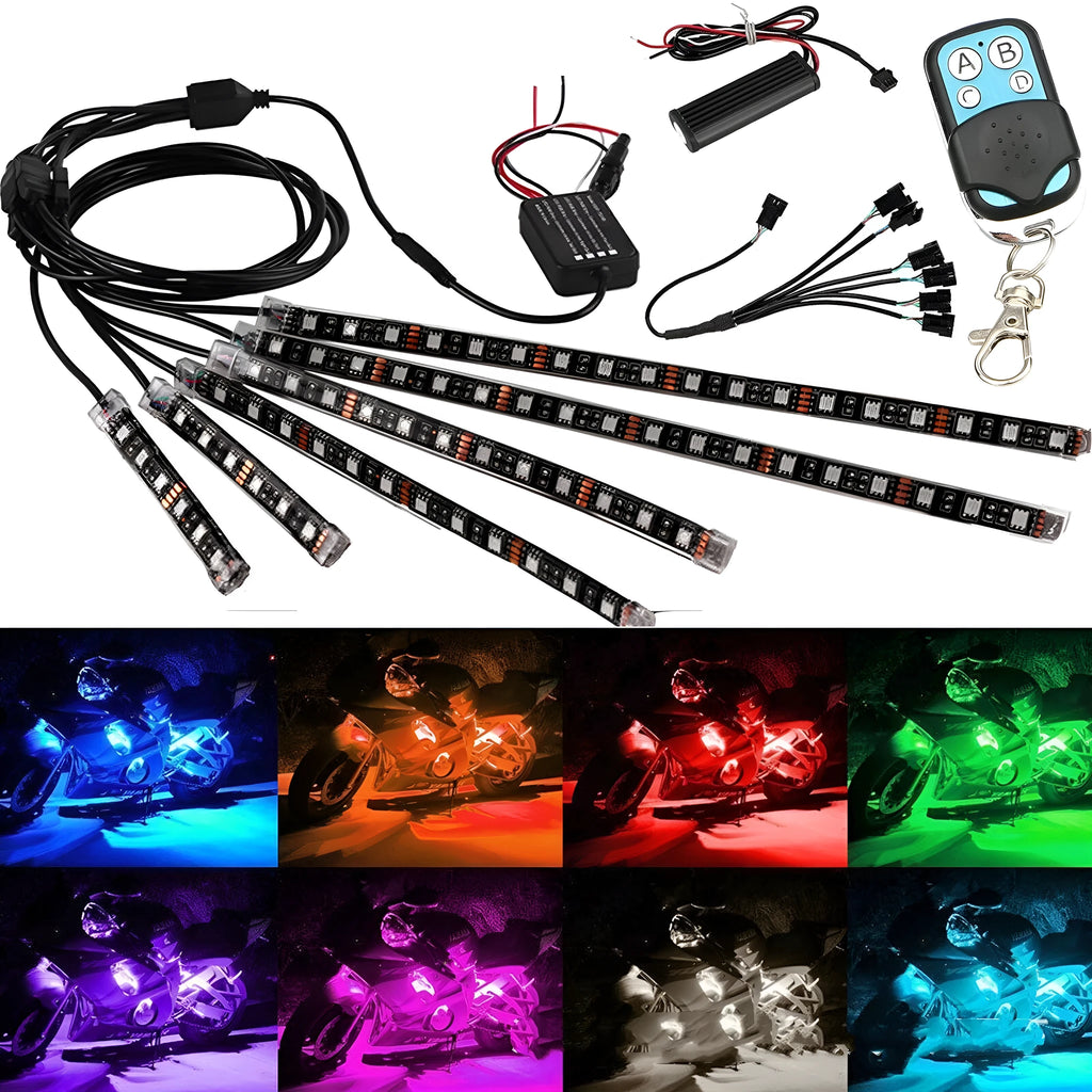 Black silicone LED atmosphere light bar for vehicles with wireless remote control showing RGB lighting effects