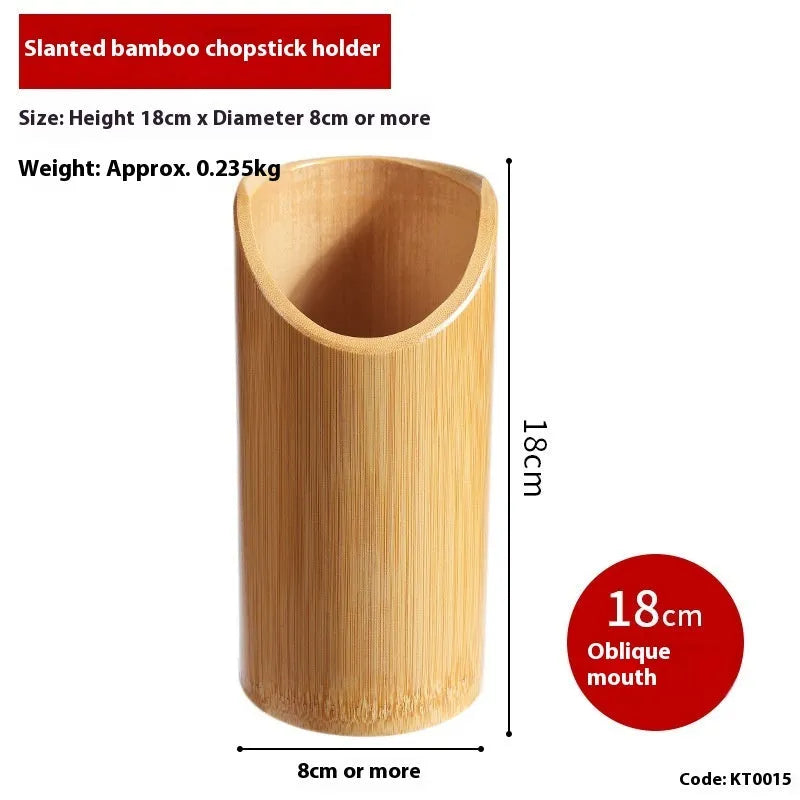 Natural bamboo cylindrical chopstick holder tube for utensil storage.