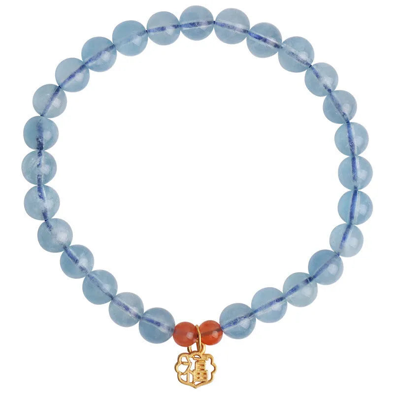 Ice translucent natural aquamarine crystal bracelet with 8mm beads and blessing card design