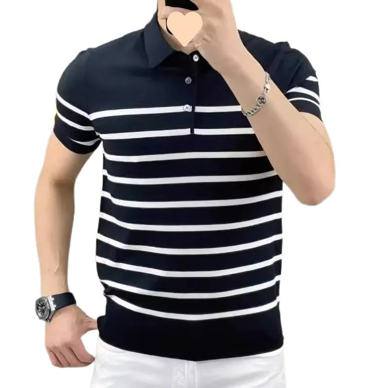 Black and white striped lapel knitted T-shirt pullover with chemical fibre blend construction