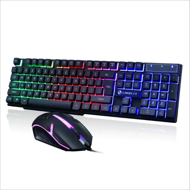 Limei GTX300 white black and black orange glow gaming keyboard and mouse set on desktop