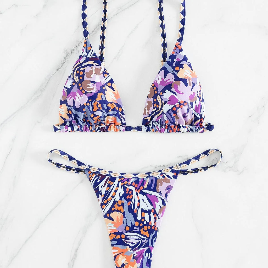 Women's floral print polyester triangle bag style swimsuit with briefs cut