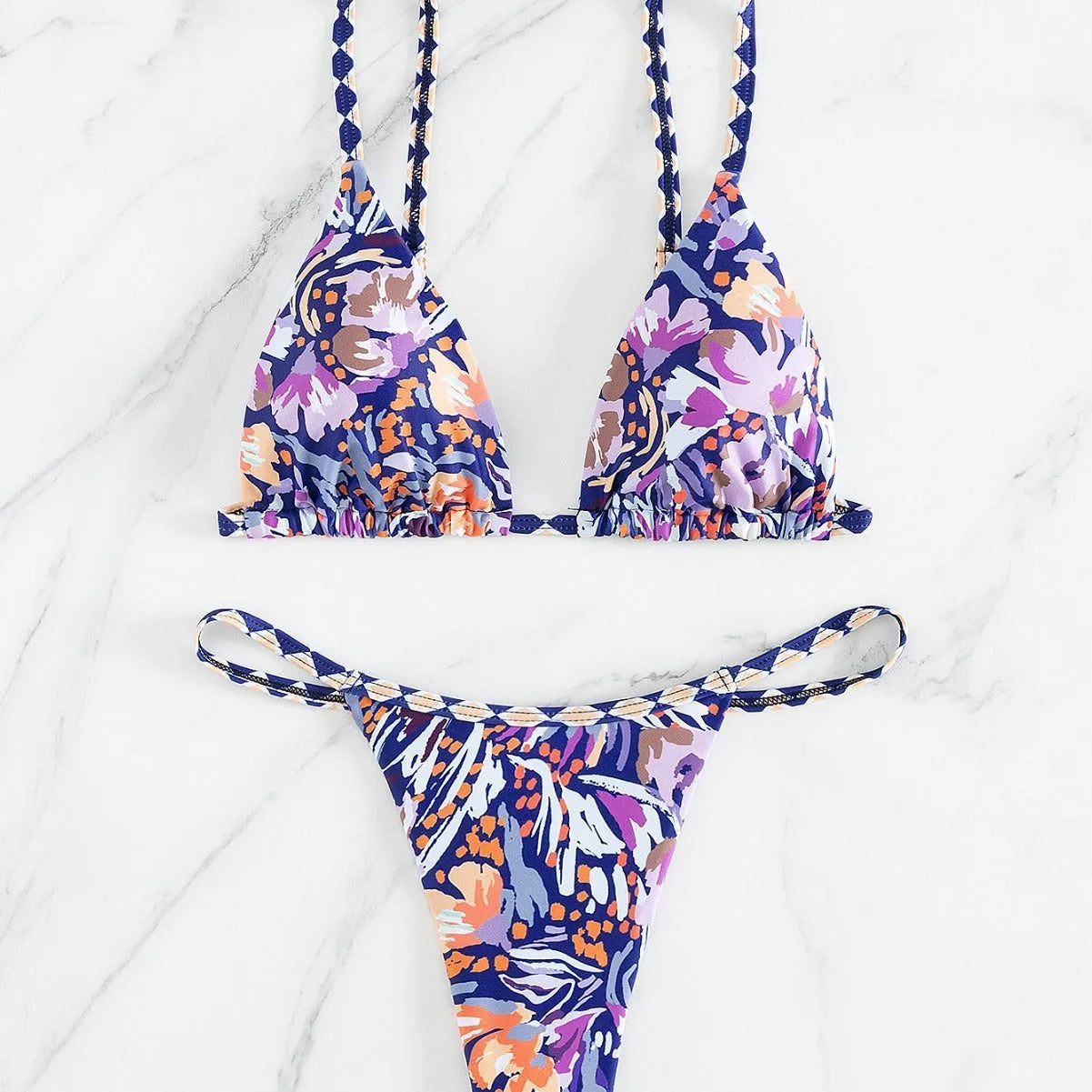 Women's floral print polyester triangle bag style swimsuit with briefs cut
