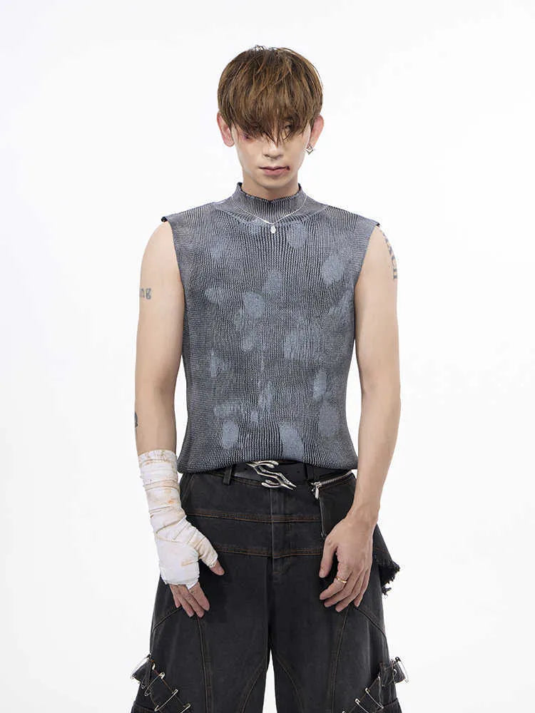 Men's black wool blend vest with stand collar and silver pastebrushing detail