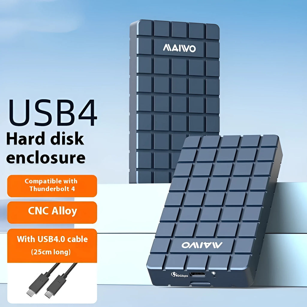 USB4 aluminium hard disk enclosure for M.2 NVMe SSDs showing compact dimensions