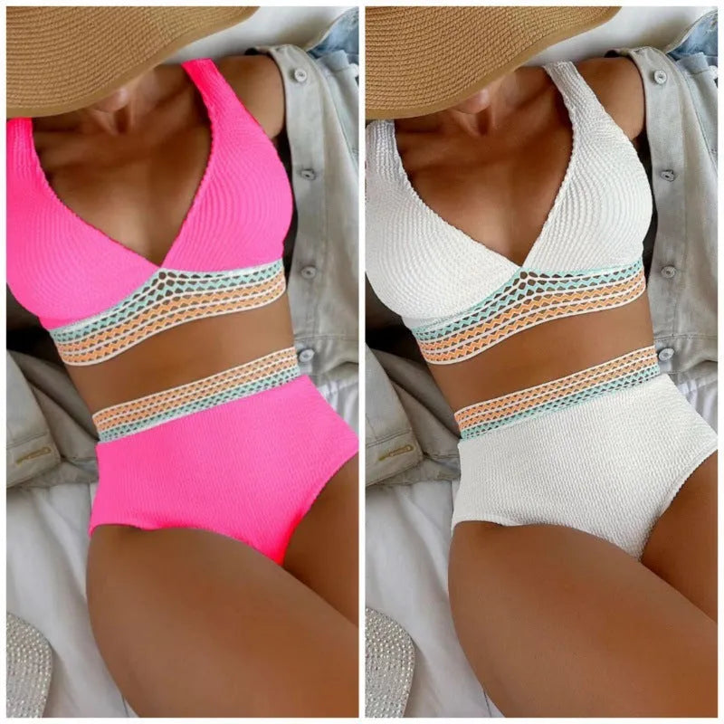 Women's solid colour high-waist split bikini set in white or pink nylon fabric
