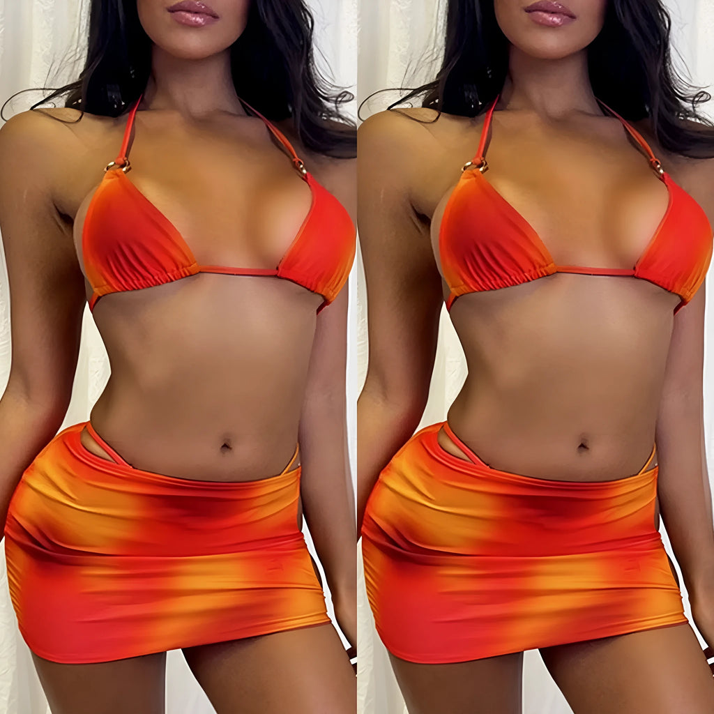 Women's tie-dye gradient halter bikini three-piece swimwear set showing top, pants and skirt