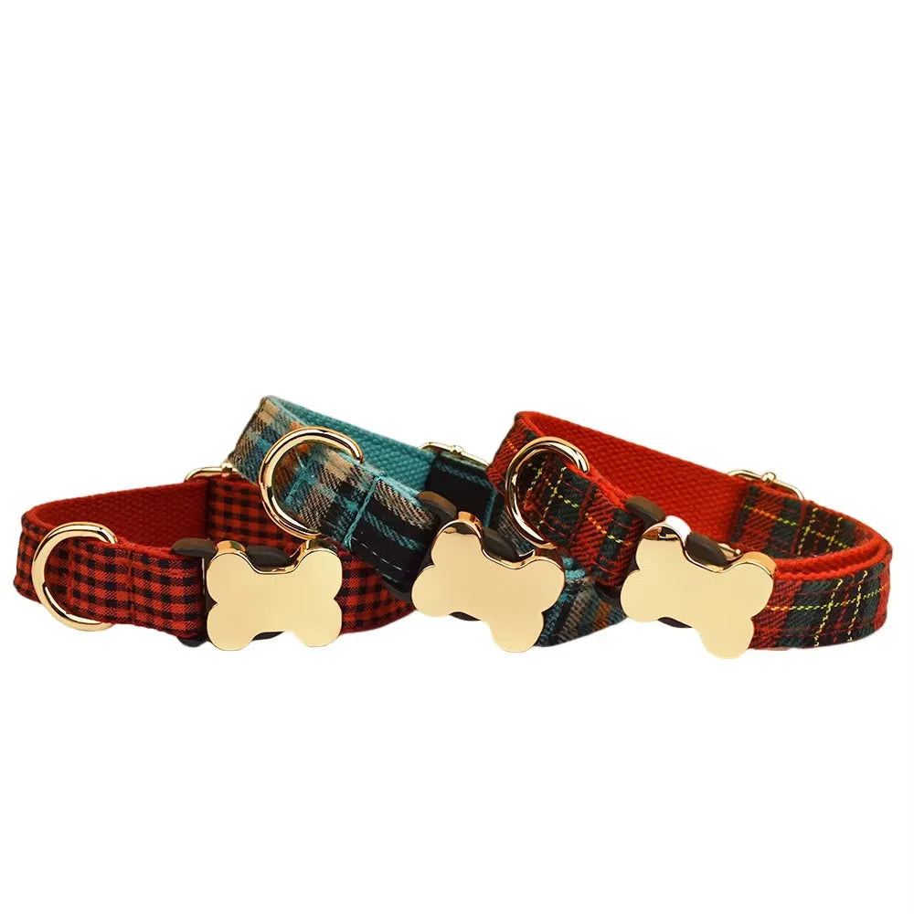 Flat nylon dog collar with a printed grid pattern and a bone-shaped buckle in multiple colour options.