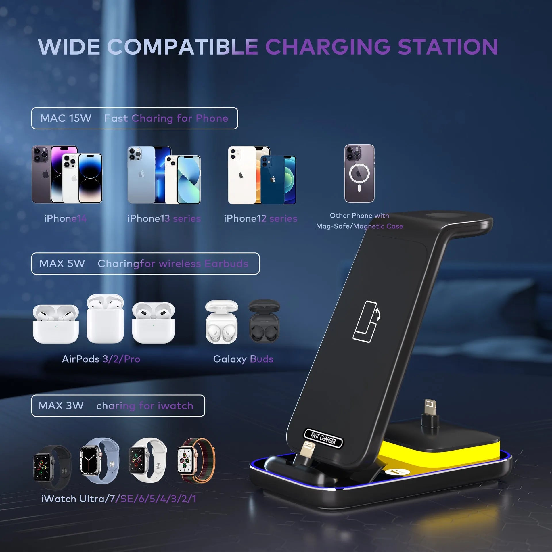 Black vertical wireless charging stand holding a mobile phone, smartwatch, and earbuds.