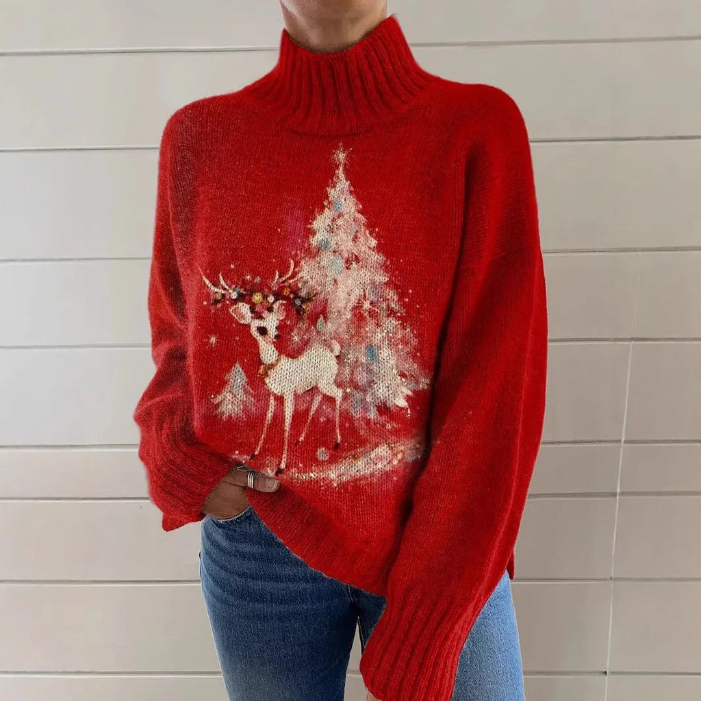 Women's Christmas printed turtleneck sweater in loose fit with festive painting pattern design
