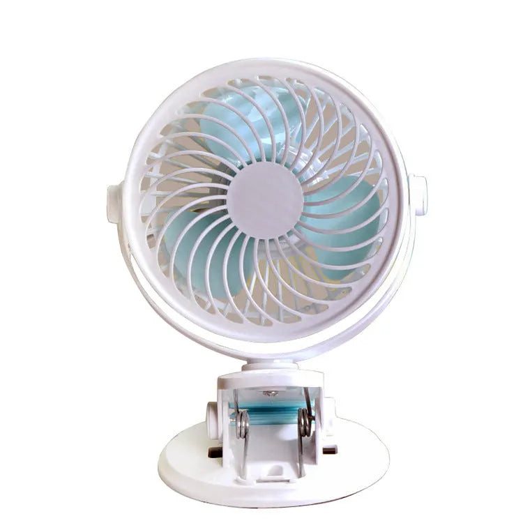 Small white USB desk fan with three blades, shown both clipped to a surface and standing on a desk.