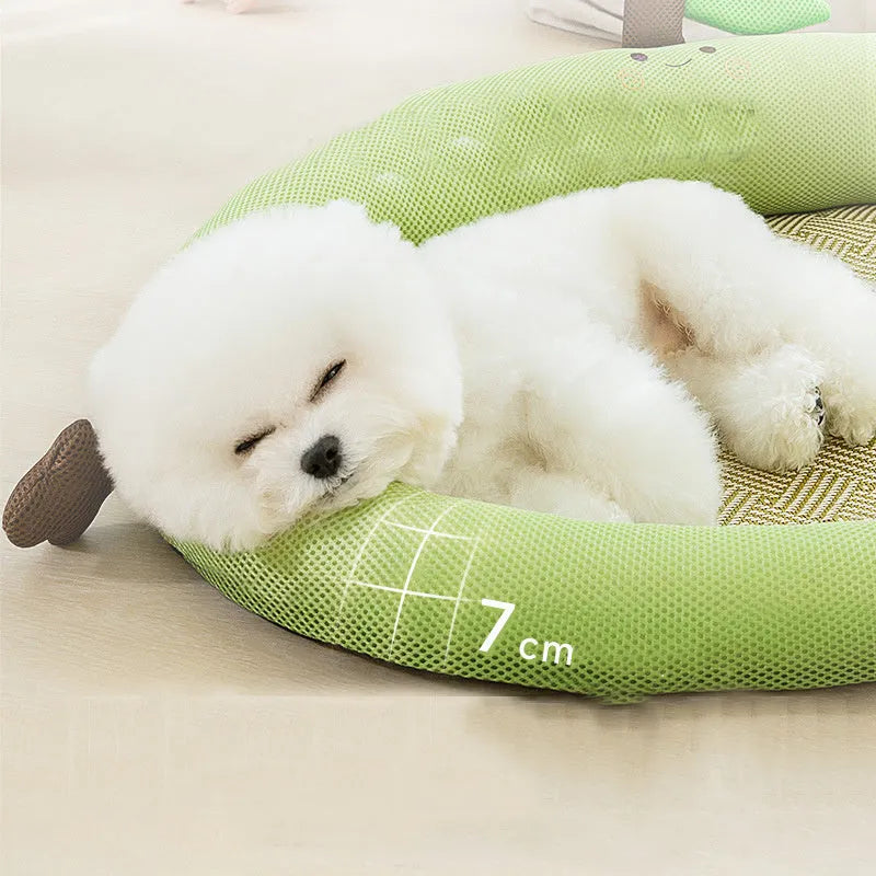 Green fruit-shaped pet nest with a raised backrest edge for dogs and cats on a wooden floor.