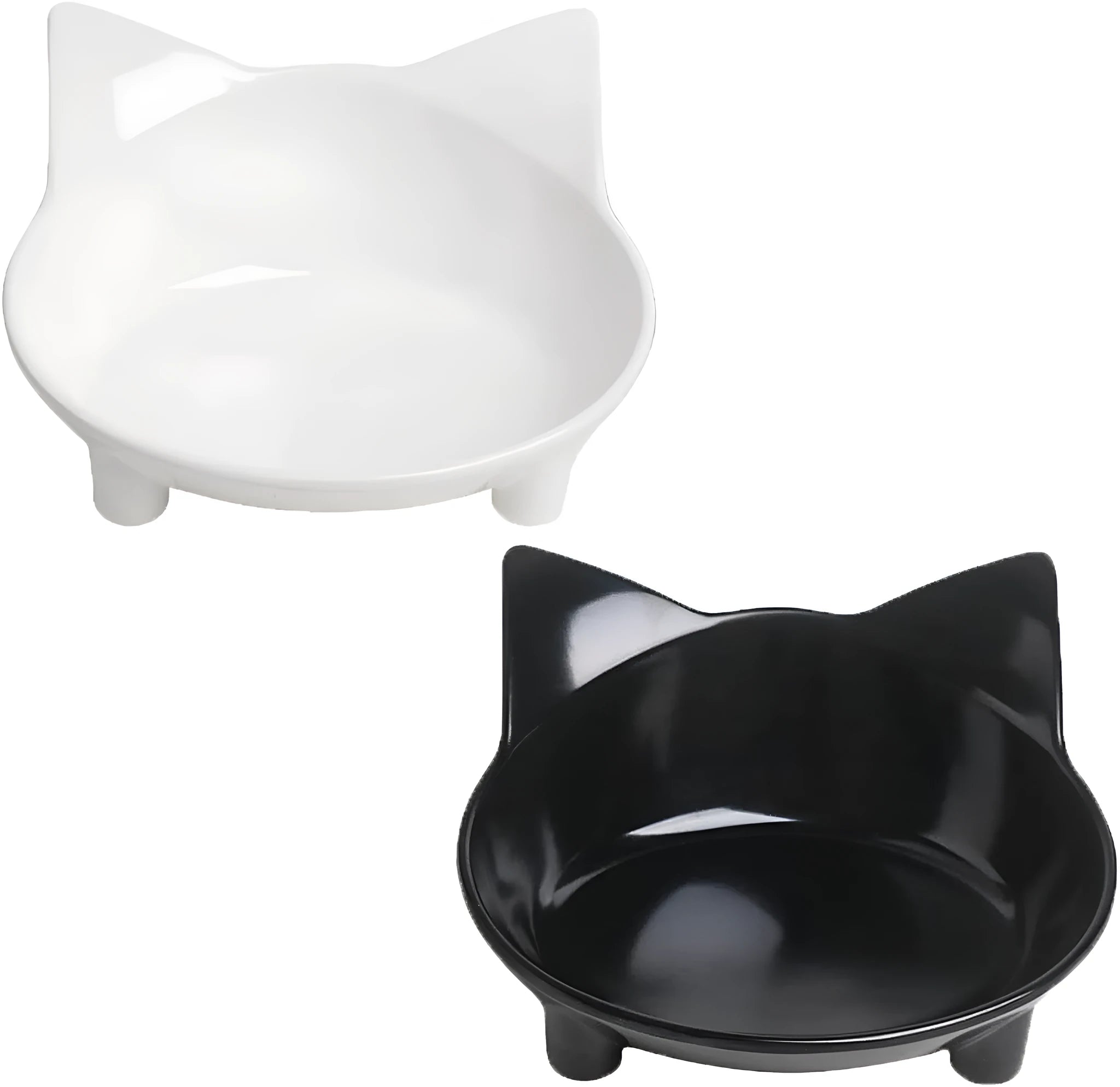 Shallow black or white melamine cat bowl with a non-slip rubber base on a table.