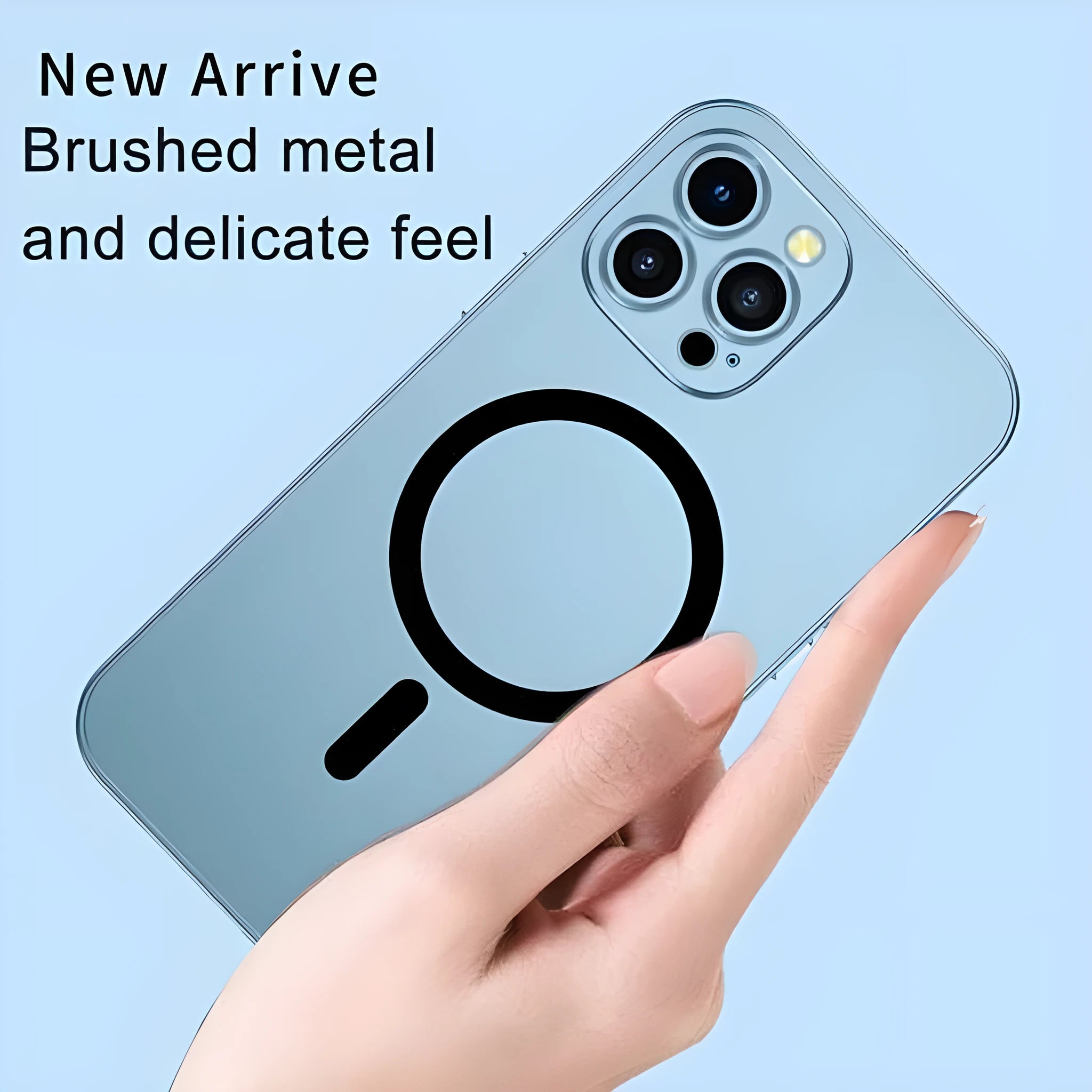 Aluminium alloy frame protective iPhone case with magnetic ring on back, shown in dark purple colour.