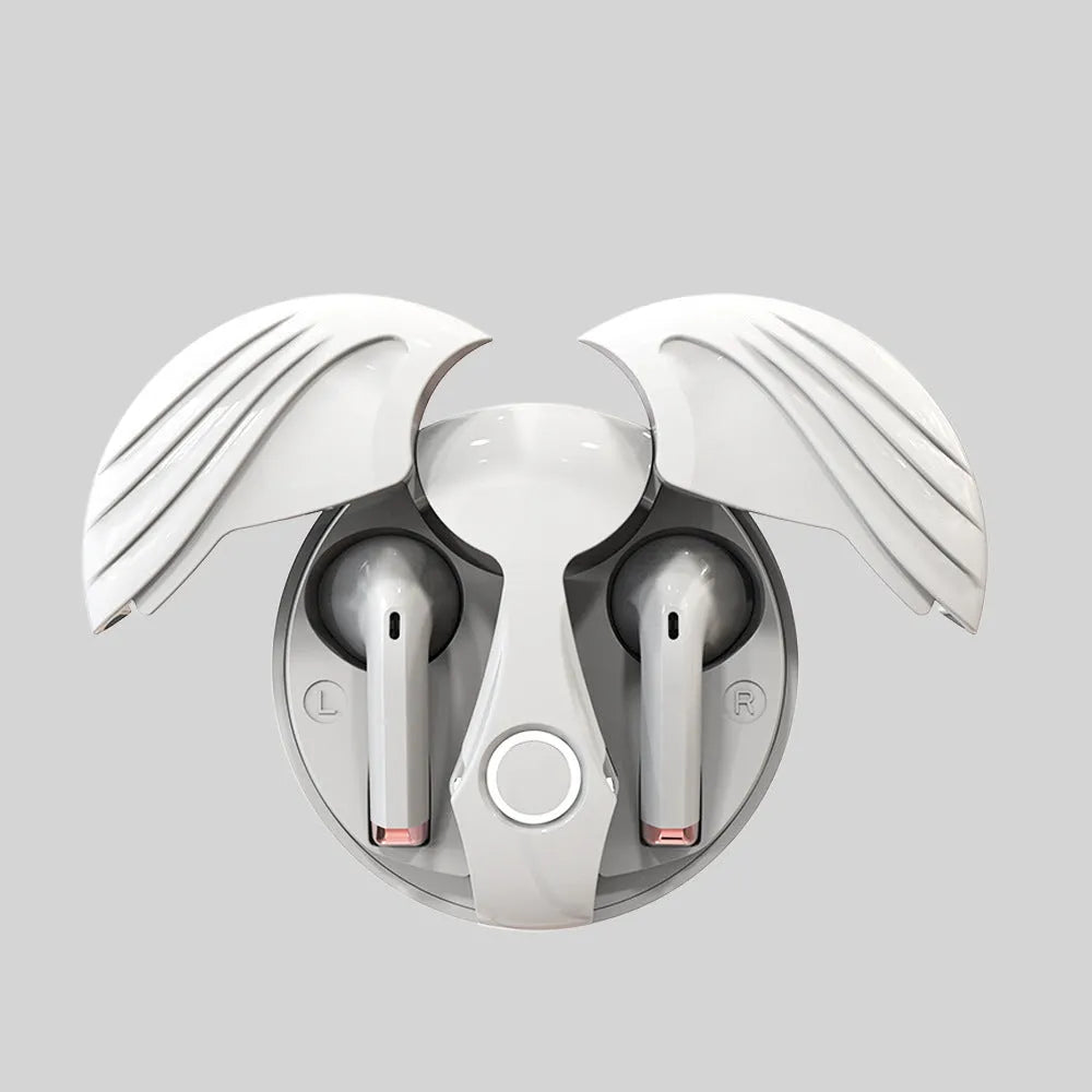Gaming TWS true wireless earbuds with noise cancelling, 8-hour battery, charging compartment, and secure Angel Wings fit in black