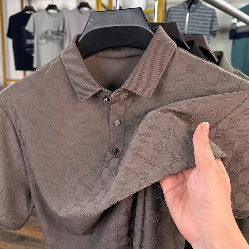 Rhombus thin ice silk short sleeve t-shirt in black with V-neck and side slit detailing
