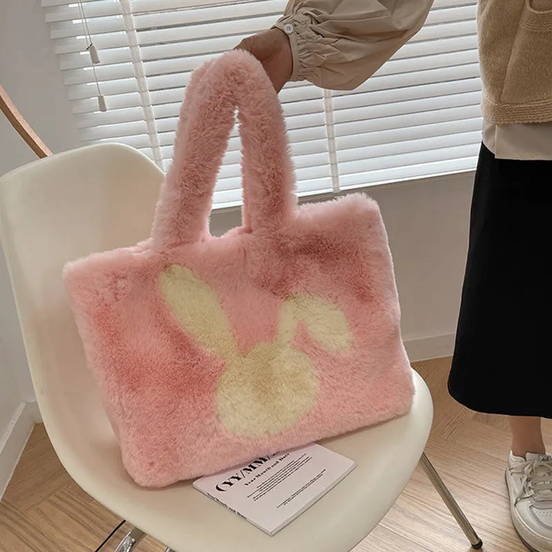 Cartoon rabbit ears plush shoulder tote bag in a solid colour with large capacity