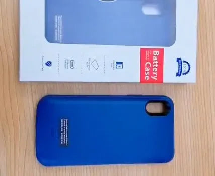 Shockproof silicone battery charger case for iPhone in blue, shown next to an iPhone.