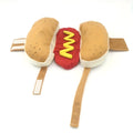 Dog wearing a brown hot dog costume with adjustable belly strap, suitable for dachshunds and small breeds