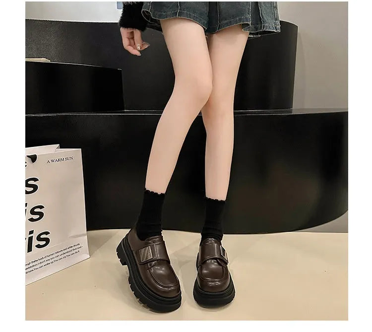 Women's black chunky heel square toe cross strap casual leather style shoes with rubber sole