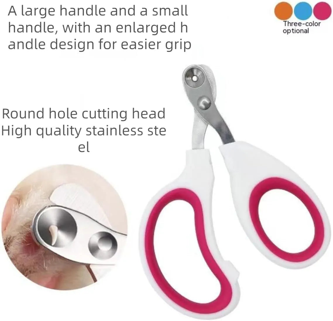 Blue pet nail clippers with circular cutting hole and cushioned handles on a white background