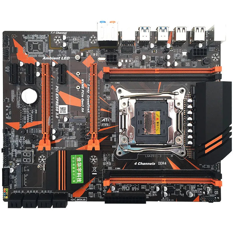 X99 computer motherboard with LGA2011-3 socket, four DDR4 slots, PCI-E expansion, and M.2 interface