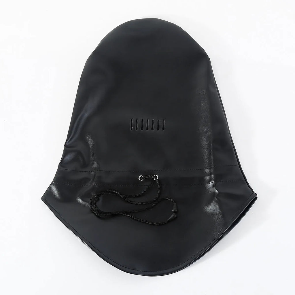 Black leather training mask with single eye openings and adjustable strap