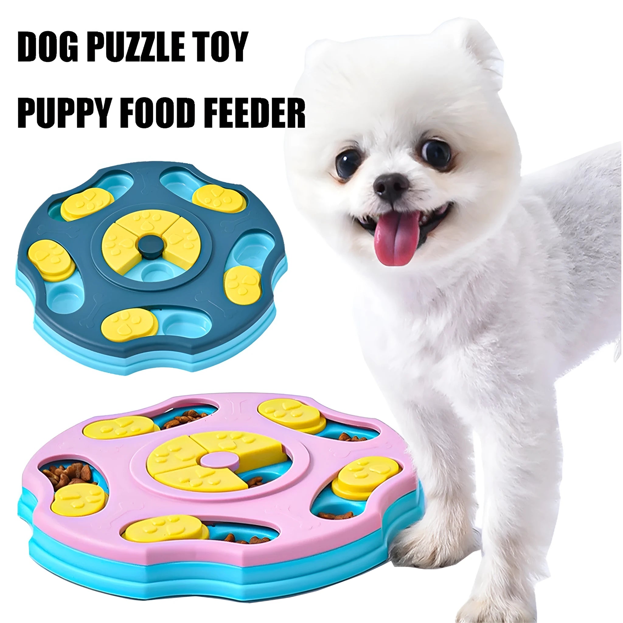 Blue and pink interactive dog puzzle food bowl for aggressive chewers with treat-dispensing games