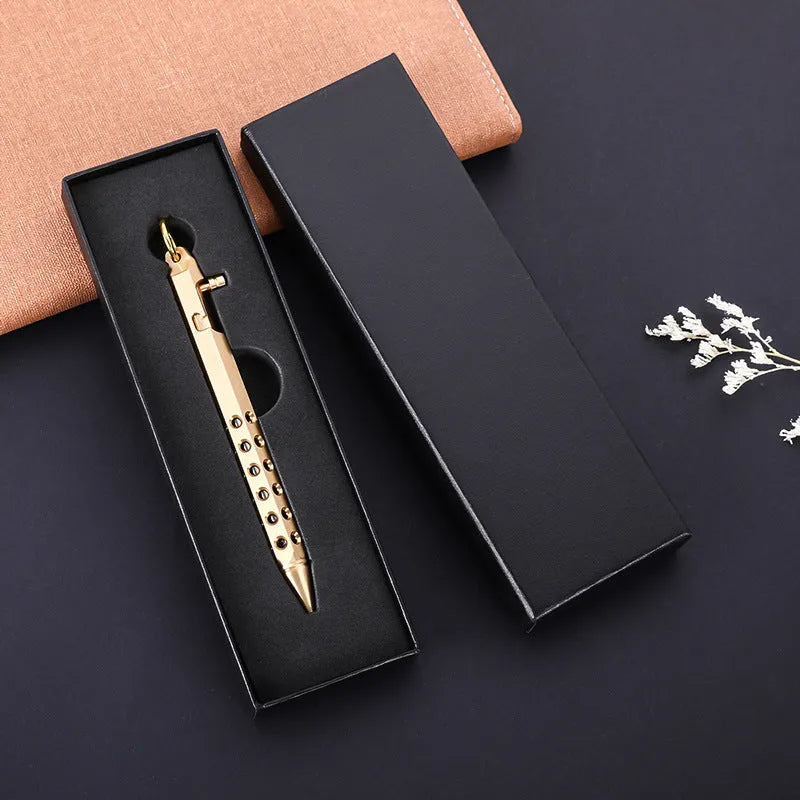 Brass hexagonal bolt rollerball pen with 0.5mm tip showing six-sided barrel design