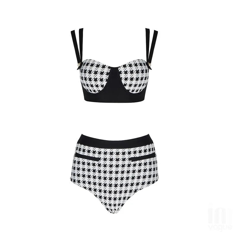 Black houndstooth push up bandage bikini set for women, artificial fibre, sizes XS to L, with top and pants