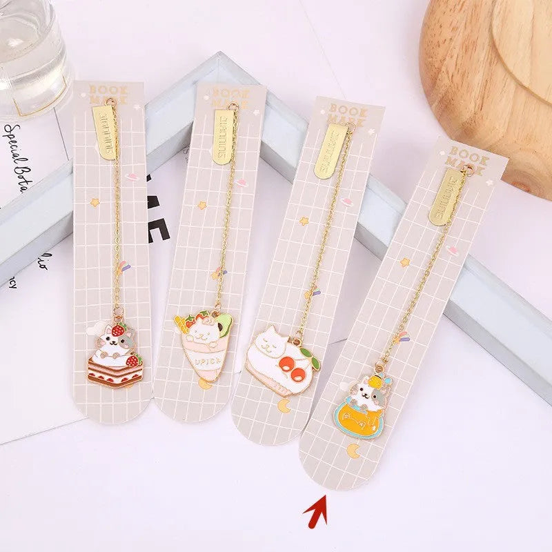 Metal bookmark pendant with a cartoon cat design, options include strawberry cake cat and sleeping cat styles.