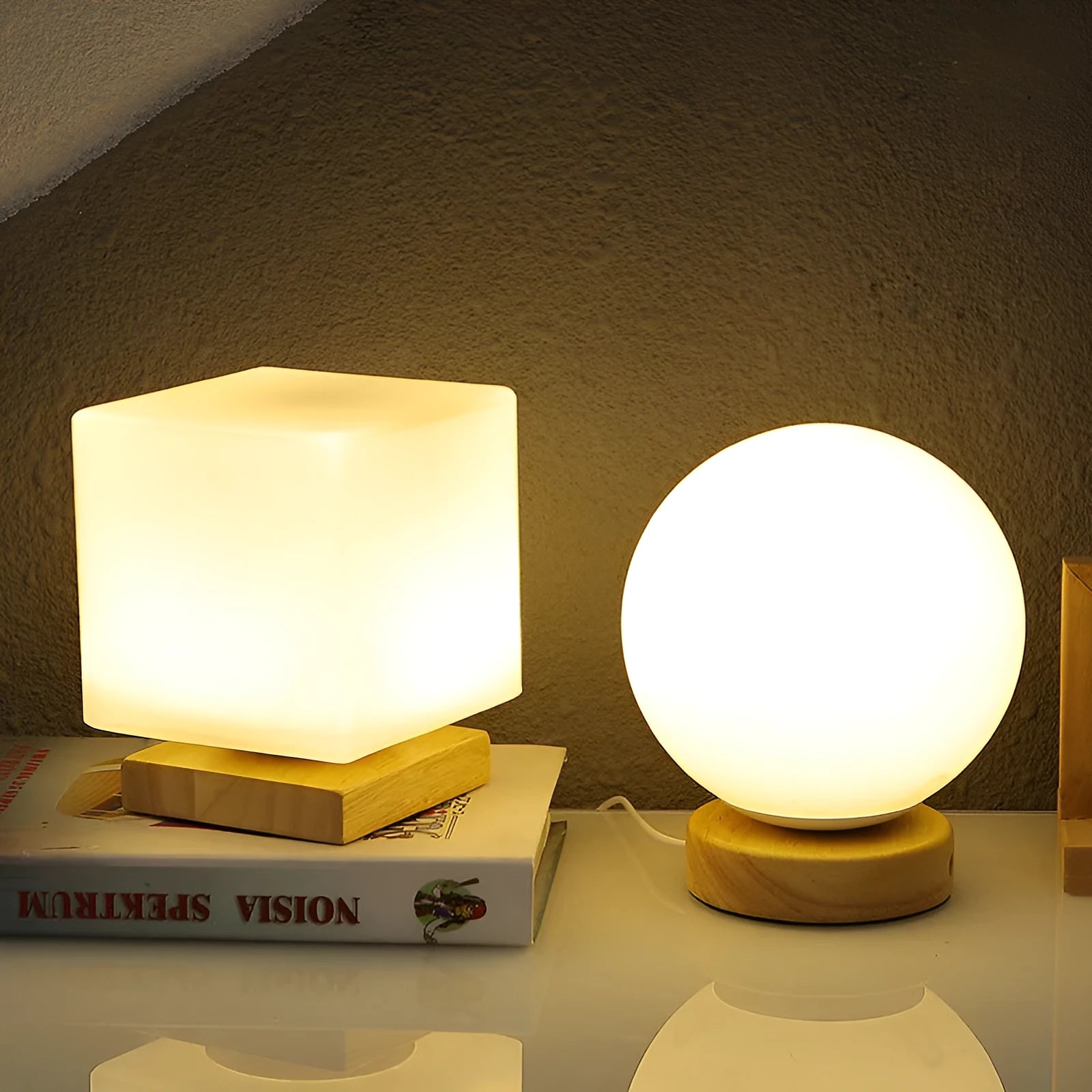 Nordic solid wood USB table lamp with touch dimming in cube style on bedside table
