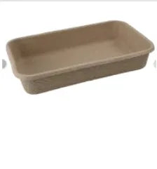 Brown disposable cat litter box showing its shallow tray shape and three available size options for small, medium, and large cats.