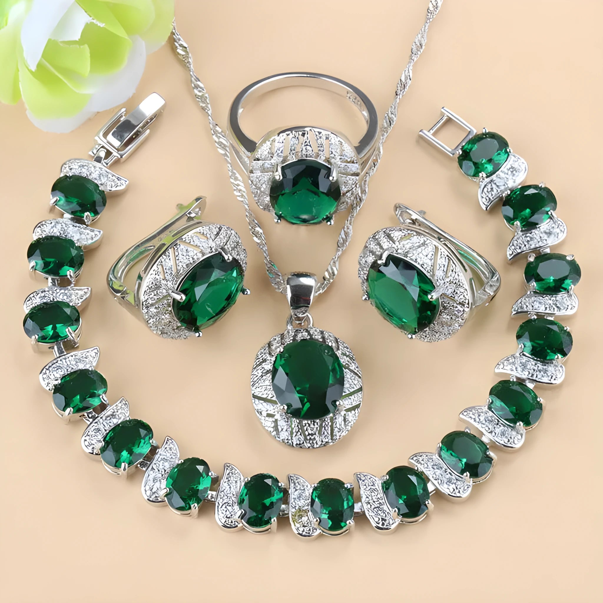 Four-piece mixed gem-inlaid copper jewellery set with necklace, earrings, ring, and bracelet in green TZ-05 colour for women