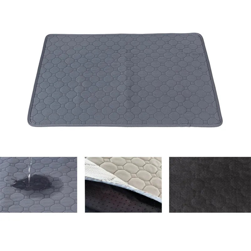 Washable dog pee pads in grey and tan colours showing multi-layer construction and triple-stitch binding