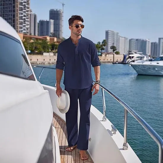 Men's solid colour casual cotton long sleeve trouser suit shown in available colours